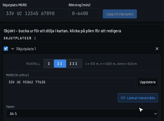 Öppen skjutplats i objektlistan med riskfall och MGRS-fält
