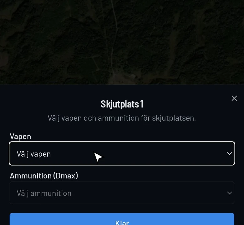 Snabbvalsruta för vapen och ammunition efter att en skjutplats placerats